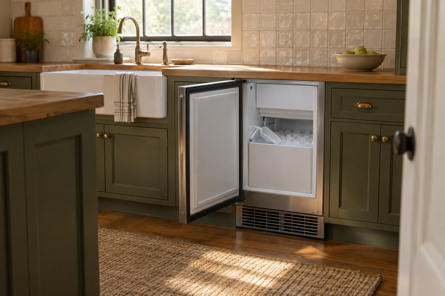 Illustrative Sub-Zero ice maker in a residential kitchen — AI image for Viking Repair Ardsley