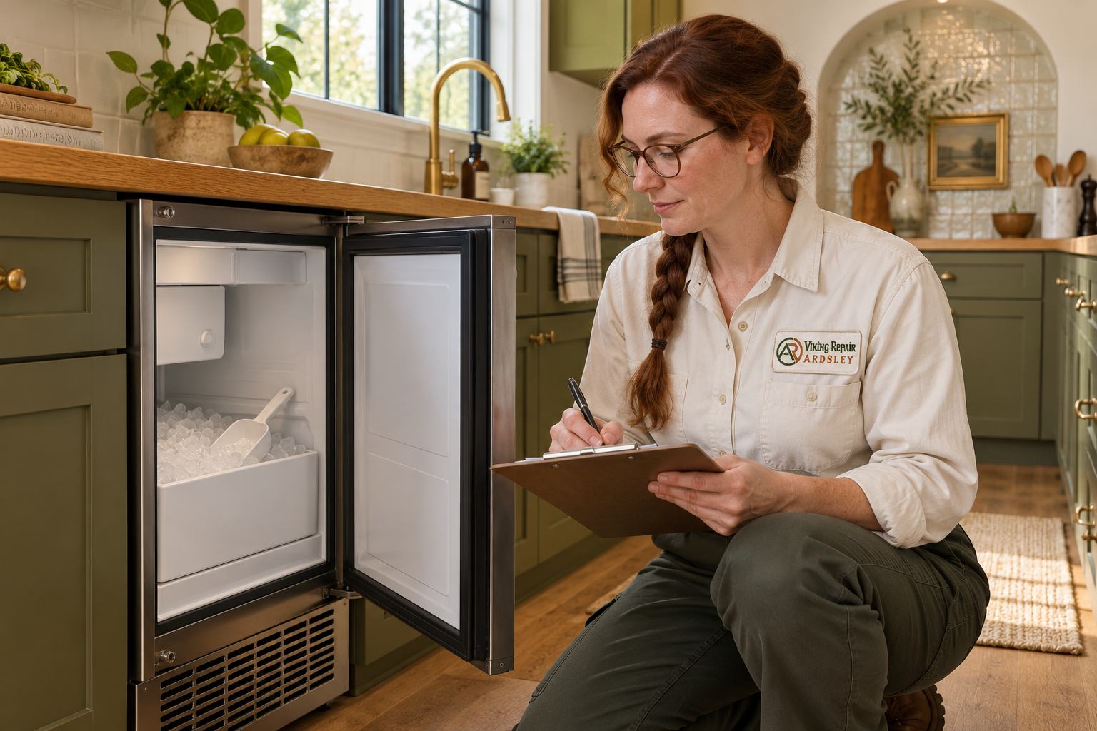 Fictional technician beside a Viking ice maker — AI illustration for Viking Repair Ardsley